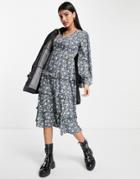 Influence V Neck Tiered Midi Dress In Blue Floral Print-multi