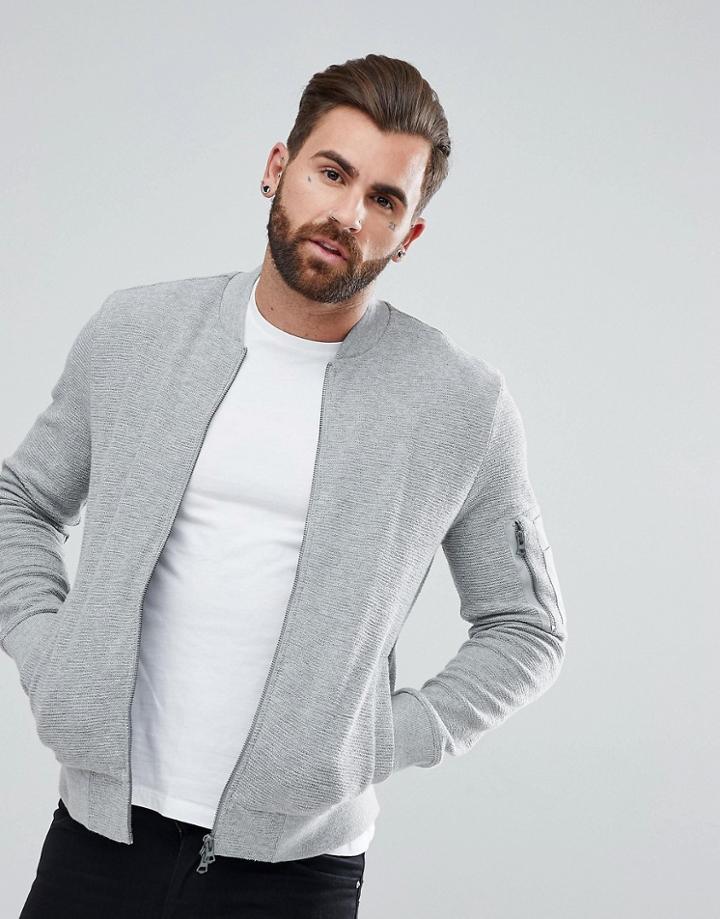 Boss Ribbed Zip Through Bomber Jacket - Gray