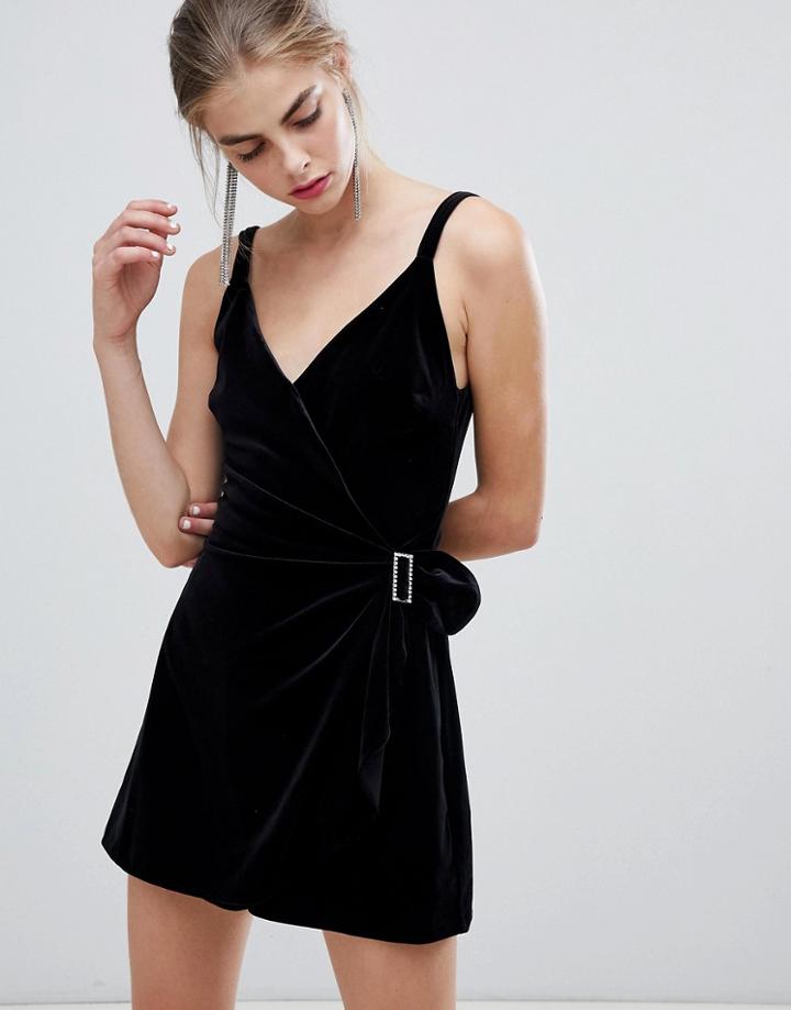 Bershka Embellished Buckle Velvet Romper - Black