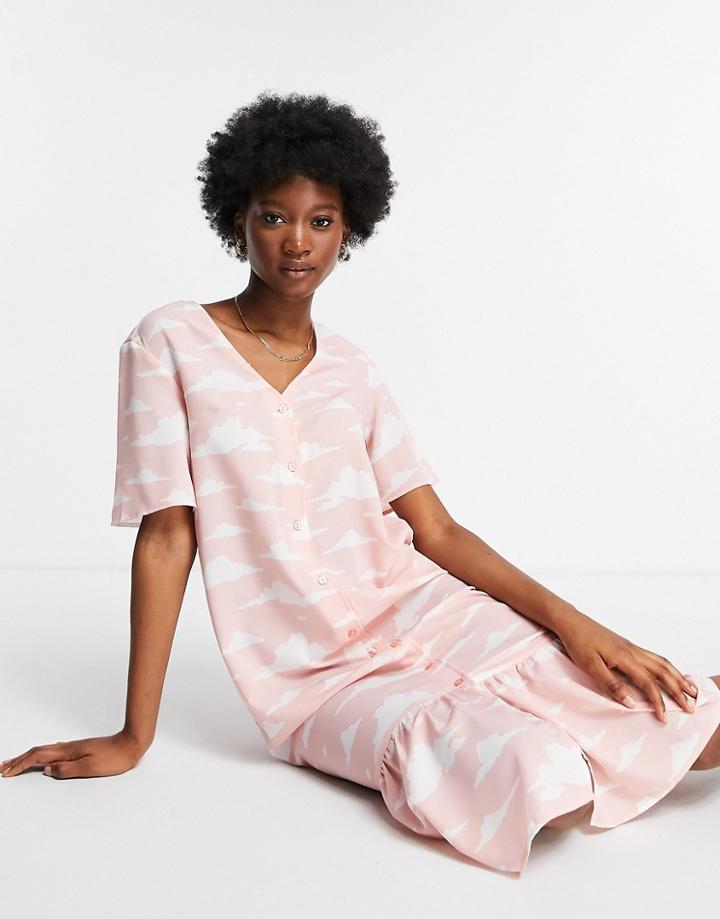 Monki Wera Recycled Cloud Print Midi Dress In Pink