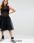 Reclaimed Vintage V Back Drop Hem Dress With Tulle Skirt And Ruffles - Black