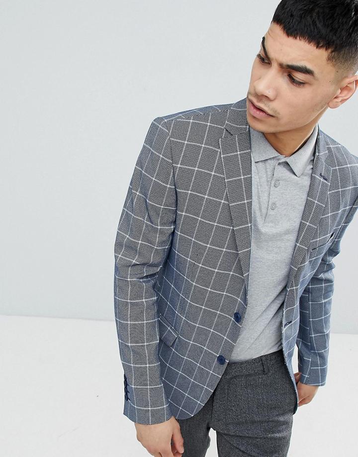 Boohooman Blazer In Light Gray Check - Blue