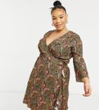 Outrageous Fortune Plus Ruffle Wrap Dress With Fluted Sleeve In Tan Floral Print-multi