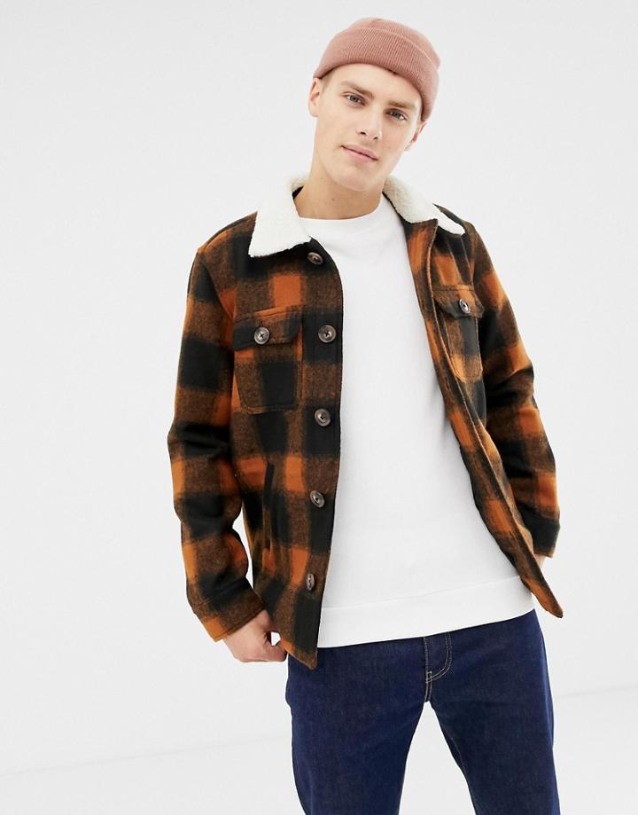 Brave Soul Check Sherpa Collar Bomber Jacket - Brown