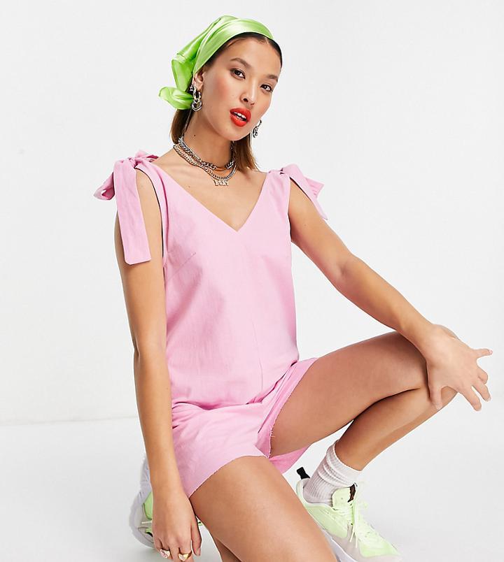 Collusion Tie Shoulder Textured Romper In Pink