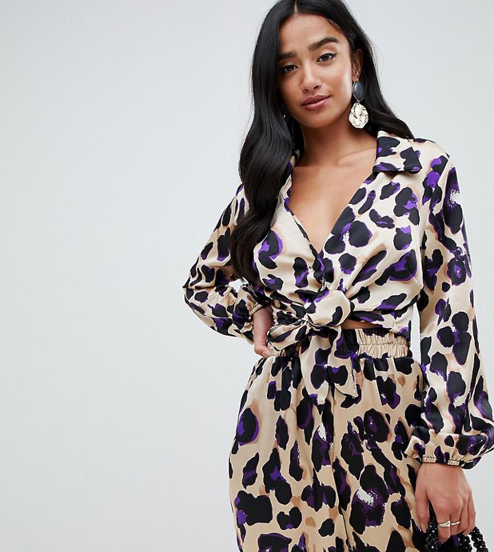 John Zack Petite Wrap Shirt In Purple Leopard - Multi
