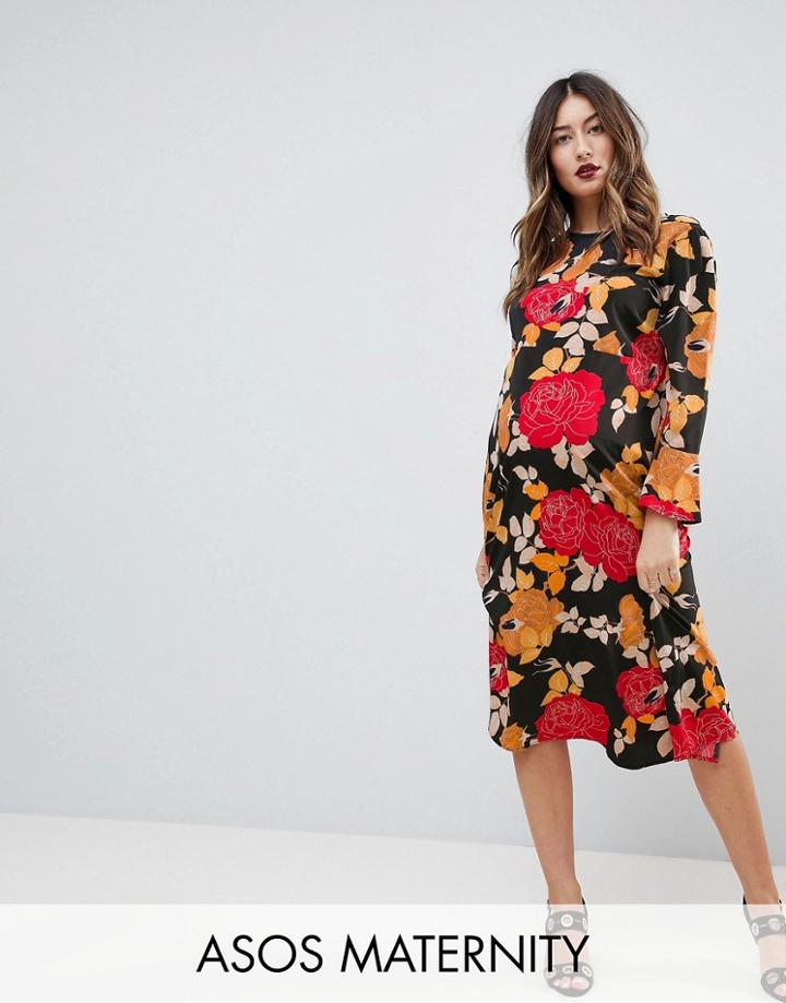 Asos Maternity Column Midi Dress In Floral Print - Black