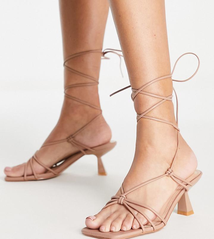 Simmi London Wide Fit Tie Ankle Mid Heeled Sandals In Camel-neutral