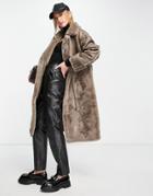 Vila Longline Shearling Coat With Panel Detail In Stone-neutral
