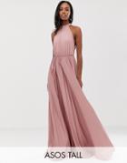 Asos Design Tall Halter Pleated Waisted Maxi Dress - Pink