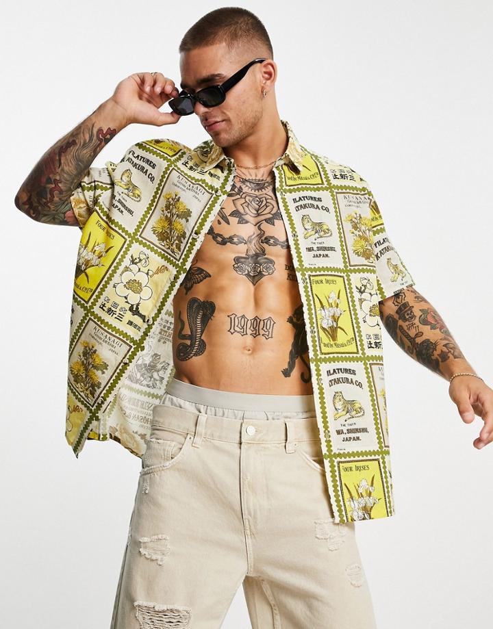 Asos Design Relaxed Shirt In Linen Mix Postcard Print-green