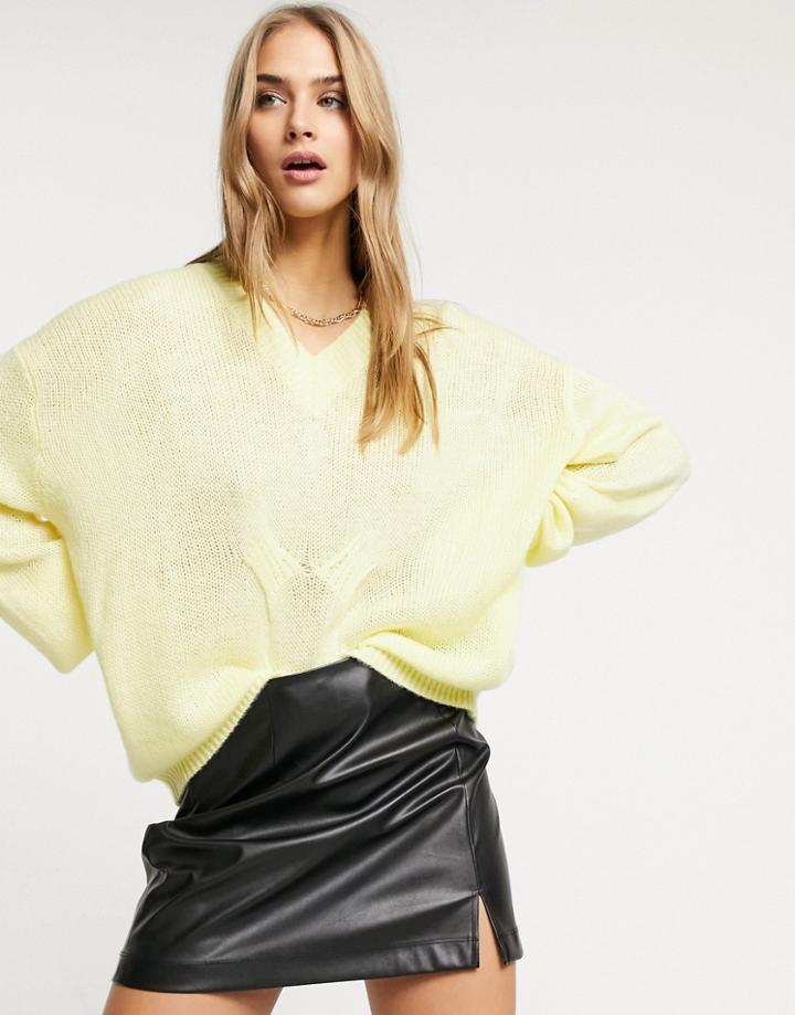 Lost Ink Slouchy Relaxed Sweater With V-neck In Lemon-yellow