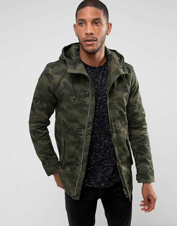 Only & Sons Padded Parka With Camo Print - Green