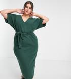 Asos Design Curve Super Soft V Neck Belted Midi Sweater Dress In Forest-green