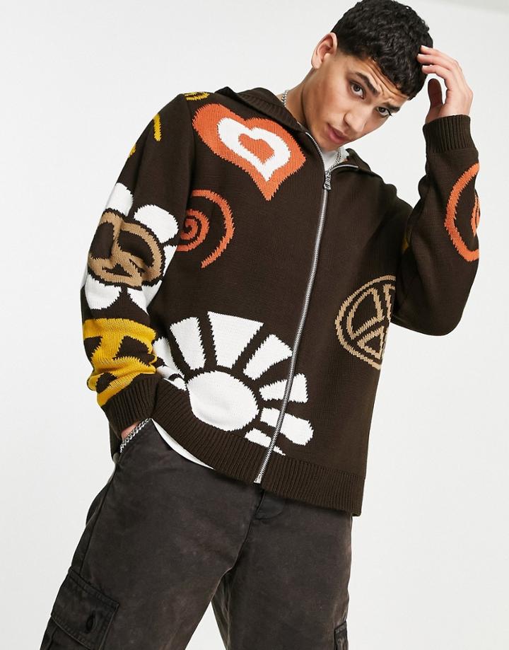 Asos Design Knit Hoodie With Floral Pattern In Brown
