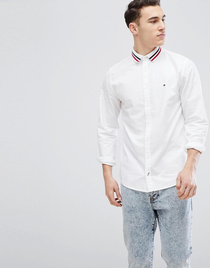 Tommy Hilfiger Woven Stripe Logo Collar Oxford Shirt Regular Fit In White - White