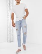 Asos Design Slim Jeans In Vintage Light Wash Blue With Heavy Rips-blues