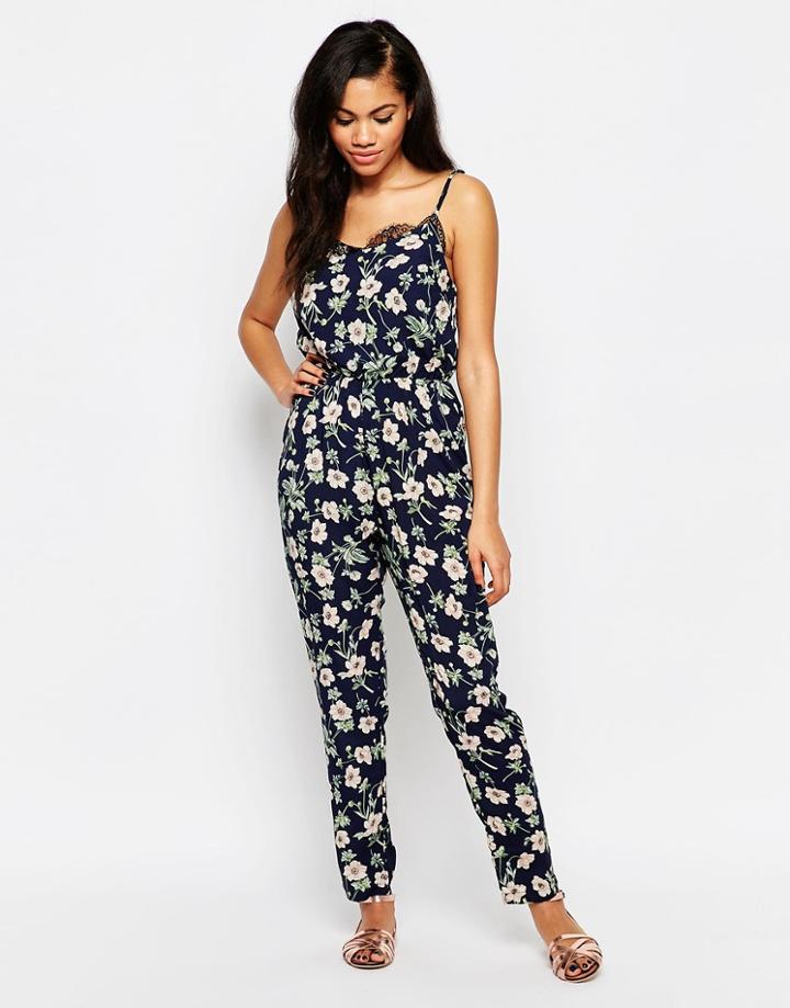 Daisy Street Jumpsuit In Floral Print - Navy