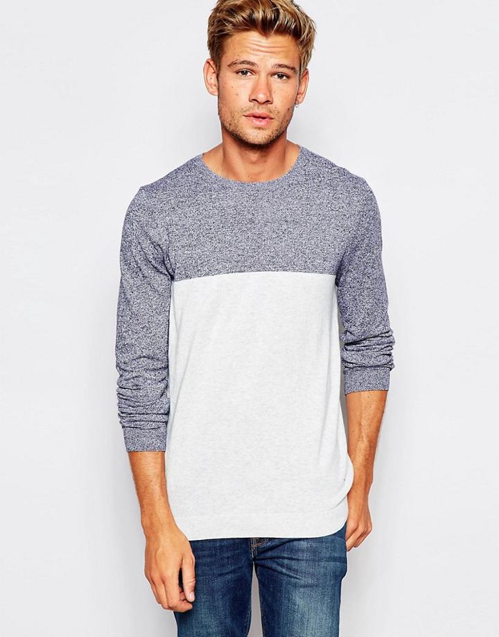 Asos Cotton Crew Sweater With Blocking - Navy