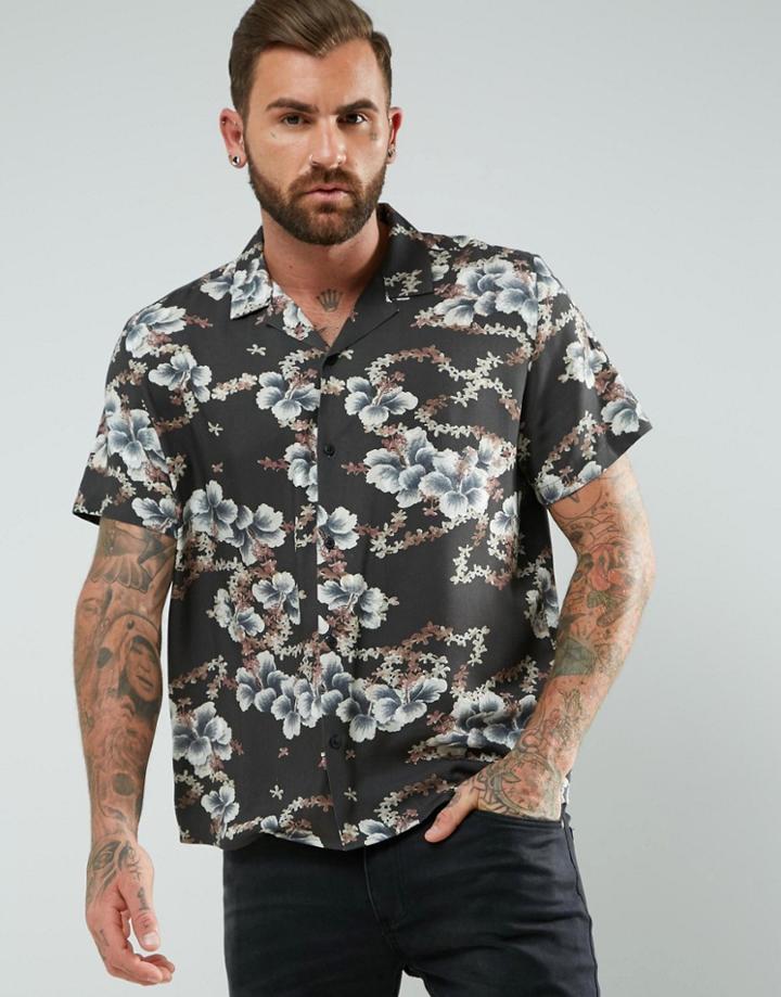 Asos Oversized Viscose Floral Print Shirt - Black