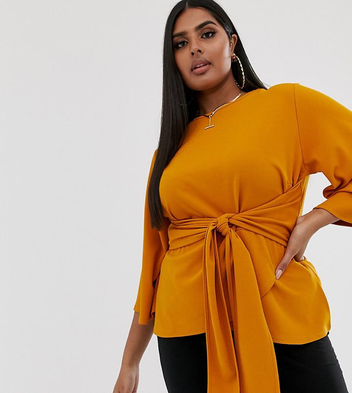 Boohoo Plus Kimono Sleeve Top With Tie Waist In Yellow - Yellow
