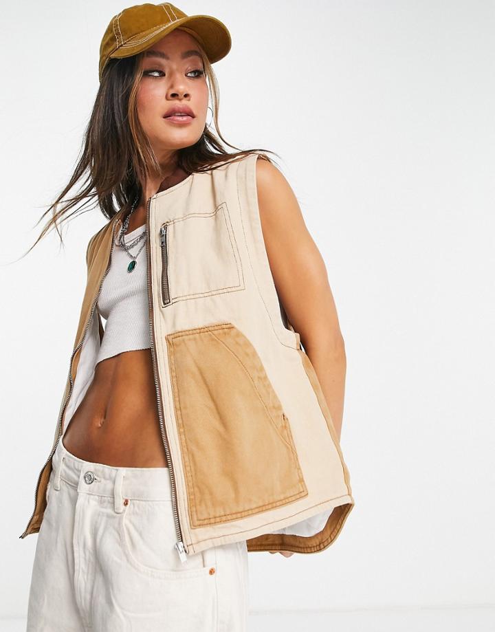 Topshop Carpenter Denim Vest In Brown