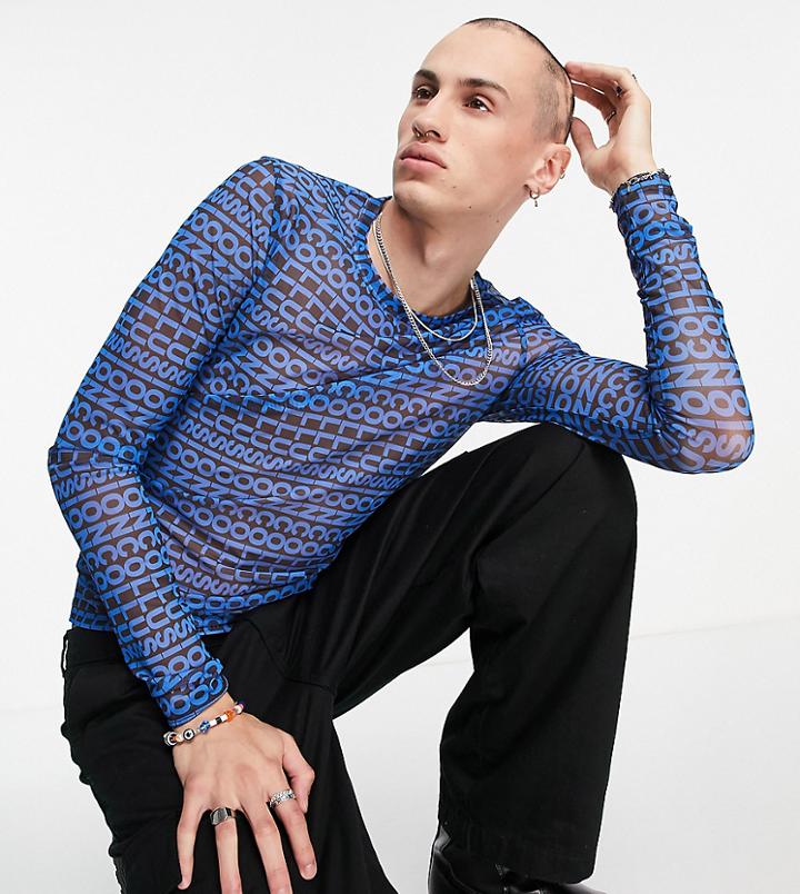Collusion Long Sleeve Mesh Logo Print T-shirt-blue