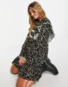 River Island Yoke Detail Long Sleeve Floral Mini Dress In Black