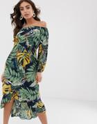 Lipsy Bardot Midi Dress In Tropical Plam Print - Multi