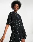 Asos Design Oversized T-shirt Dress With Ruffle Hem In Mono Dot-black