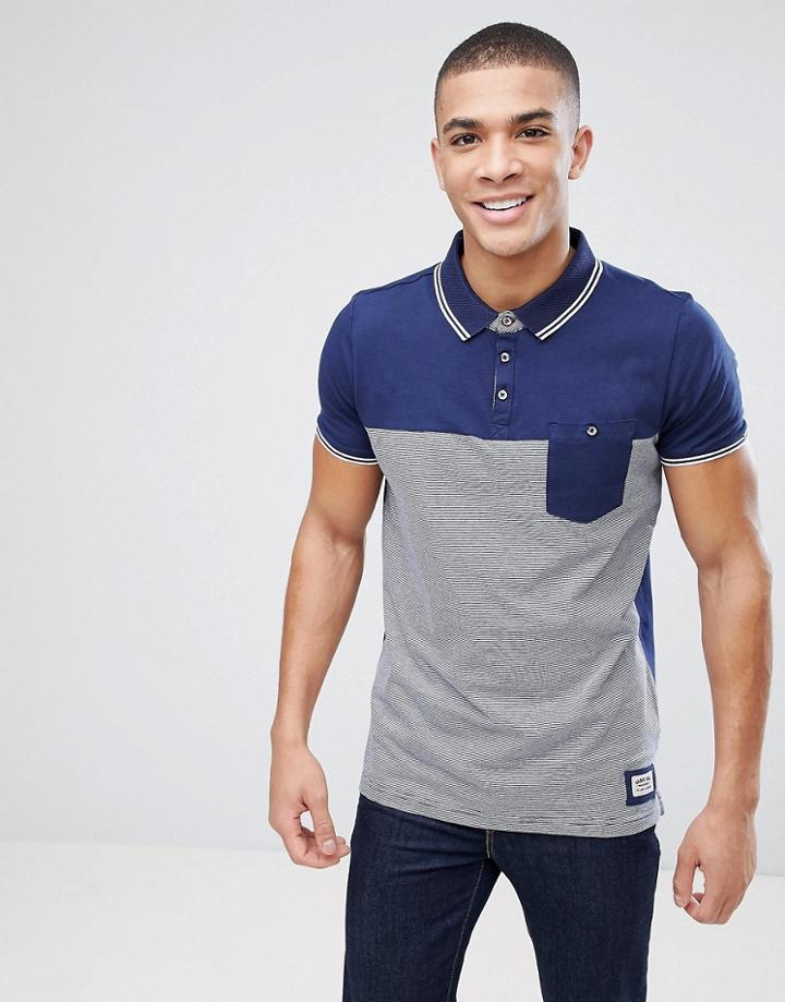 Brave Soul Fine Stripe Knitted Collar Polo - Blue