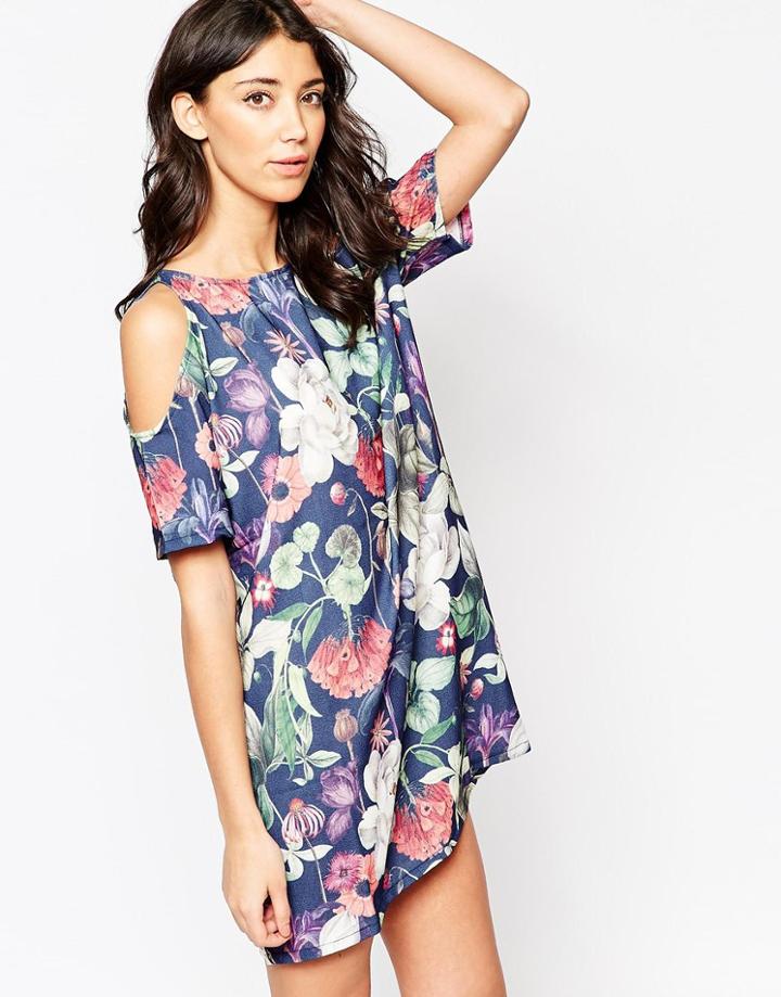 Motel Savannah Dress With Cold Shoulder In Botanical Print - Botanical Navy