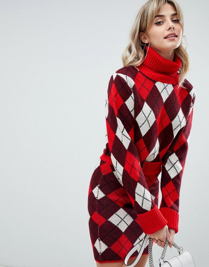 Prettylittlething Crop Roll Neck Jumper In Red Argyle - Red