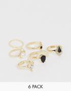 Asos Design Pack Of 6 Rings With Black Stone And Pearls In Gold Tone - Gold