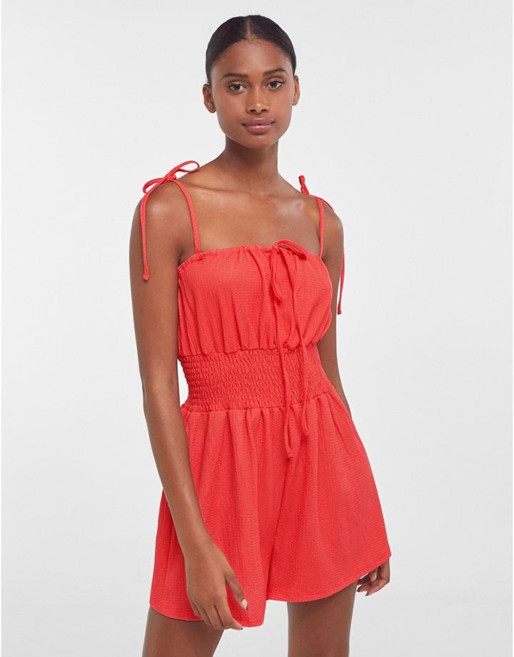 Bershka Shirred Waist Tie Detail Romper In Red