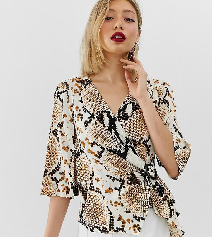 River Island Petite Wrap Blouse With Buckle Detail In Snake Print - Multi