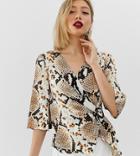 River Island Petite Wrap Blouse With Buckle Detail In Snake Print - Multi
