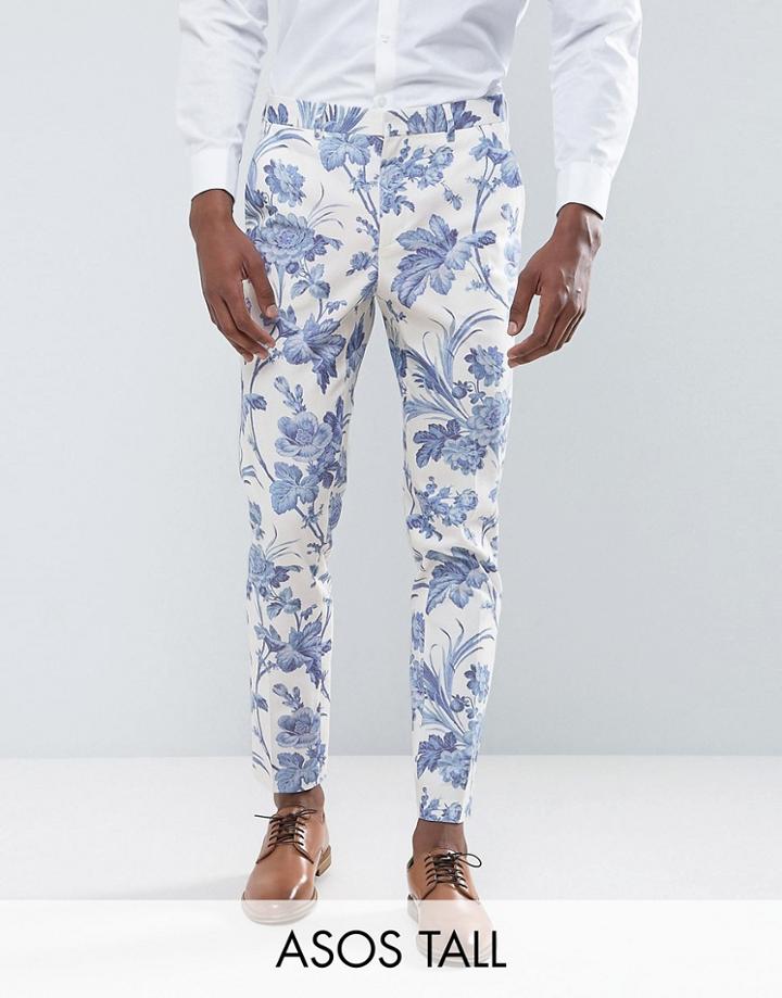 Asos Tall Wedding Skinny Suit Pants In Blue And White Cotton Floral Print - Blue
