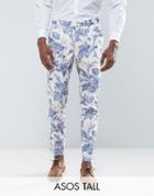 Asos Tall Wedding Skinny Suit Pants In Blue And White Cotton Floral Print - Blue
