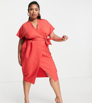Closet London Plus Wrap Tie Midi Dress In Red