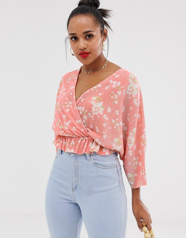 Asos Design Plisse Wrap Top With Tie Side In Floral Print - Multi