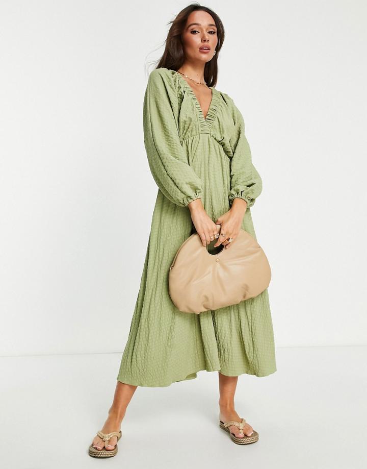 Asos Design Textured Plunge Maxi Dress With Batwing Sleeves In Khaki-green