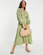 Asos Design Textured Plunge Maxi Dress With Batwing Sleeves In Khaki-green