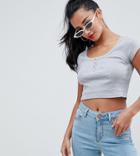 Asos Design Petite Short Sleeve Crop Top With Button Front In Gray Marl - Gray