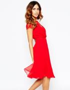 Elise Ryan Midi Skater Dress With Lace Top - Red