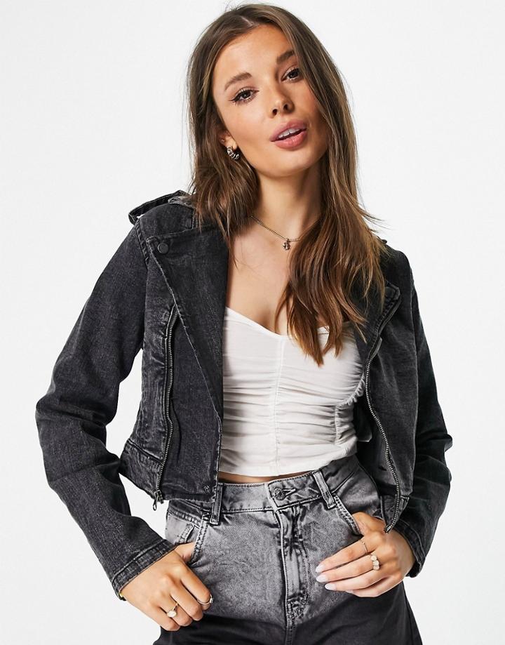 Jdy Denim Biker Jacket In Washed Black.