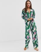 Asos Design Palm & Shell Pyjama Pants Set In 100% Modal-multi