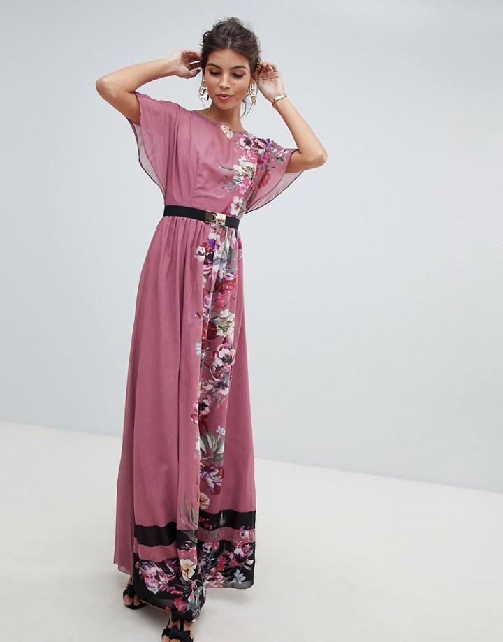 Little Mistress Floral Placement Stripe Border Maxi Dress-multi