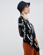 Asos Design Crop Sweater With All Over Love Logo - Multi