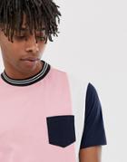 Asos Design Organic Relaxed Longline T-shirt With Stepped Hem And Color Block-pink